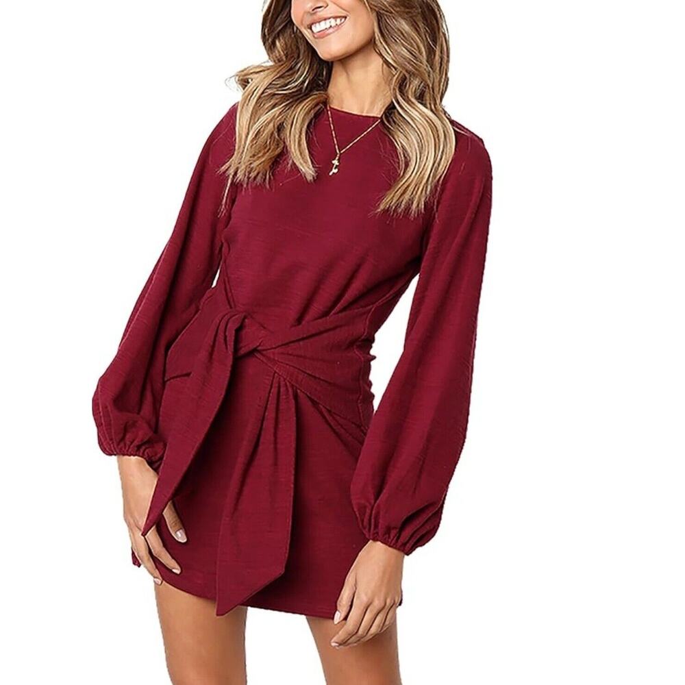Fashion Women's Elegant Long Lantern Sleeve Dress Crewneck Tie Waist Dress XL